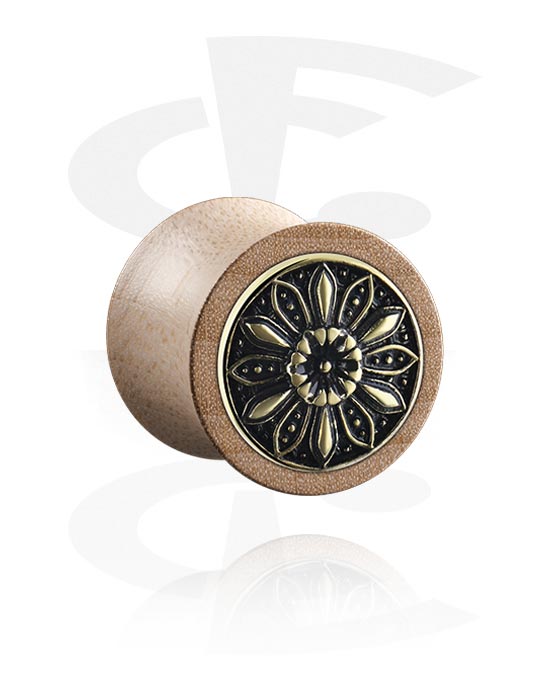 Tunnels & Plugs, Double flared plug (wood) with steel inlay "flower", Wood, Plated Brass