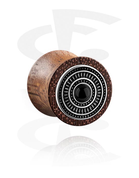 Tunnels & Plugs, Double flared plug (hout) met staal accessoire, Hout, Belegde messing