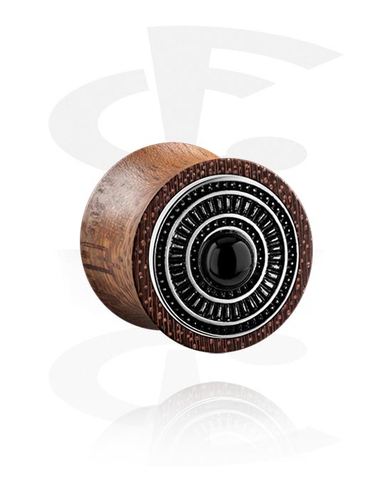 Tunnels & Plugs, Double flared plug (hout) met staal accessoire, Hout, Belegde messing