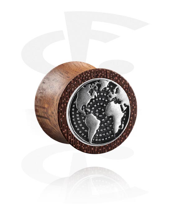 Tunnels & Plugs, Double flared plug (wood) with steel inlay "world map", Wood, Plated Brass