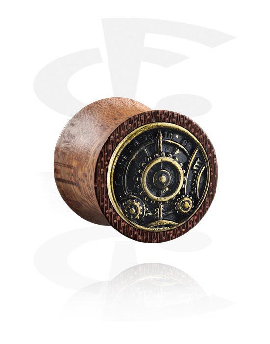 Tunnels & Plugs, Double flared plug (wood) with steel inlay "steampunk", Wood, Plated Brass
