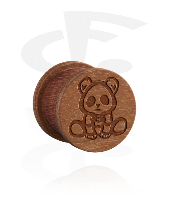 Tunnels & Plugs, Ribbed plug (wood) with laser engraving "teddy bear", Wood