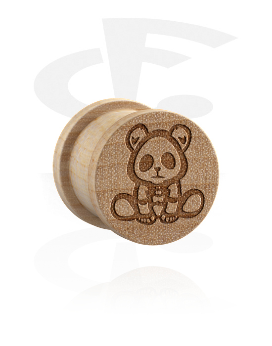 Tunnels & Plugs, Ribbed plug (wood) with laser engraving "teddy bear", Wood