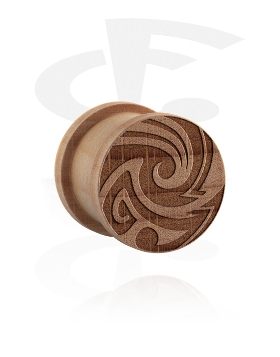 Tunnels & Plugs, Ribbed plug (wood) with laser engraving "tribal", Wood