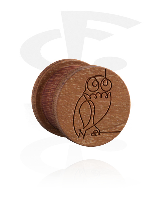 Tunnels & Plugs, Ribbed plug (wood) with laser engraving "one line design owl", Wood