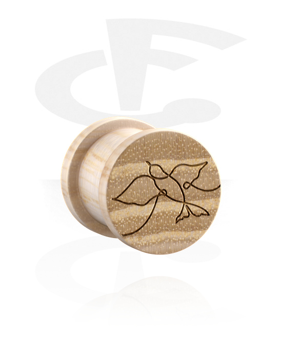 Tunnels & Plugs, Ribbed plug (wood) with laser engraving "one line design birds", Wood