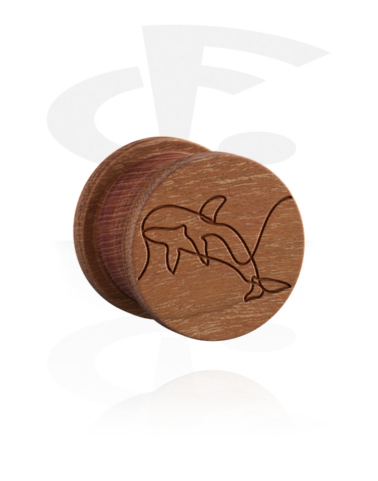 Tunnels & Plugs, Ribbed plug (wood) with laser engraving "one line design orca", Wood
