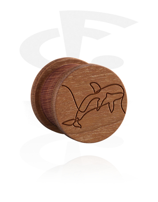 Tunnels & Plugs, Ribbed plug (wood) with laser engraving "one line design orca", Wood