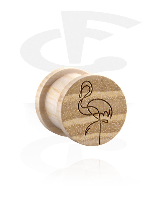 Tunnels & Plugs, Ribbed plug (wood) with laser engraving "one line design flamingo", Wood