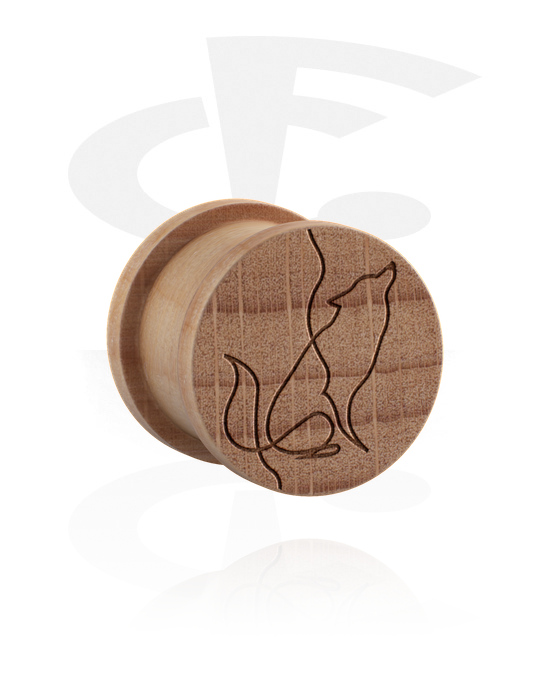 Tunnels & Plugs, Ribbed plug (wood) with laser engraving "one line design wolf", Wood