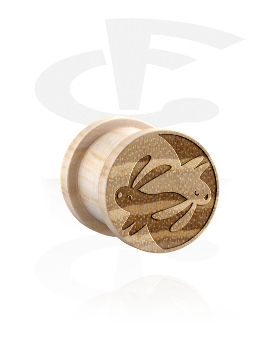 Tunnels & Plugs, Ribbed plug (wood) with laser engraving "rabbits", Wood