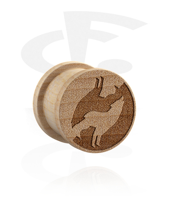 Tunnels & Plugs, Ribbed plug (wood) with laser engraving "wolf", Wood
