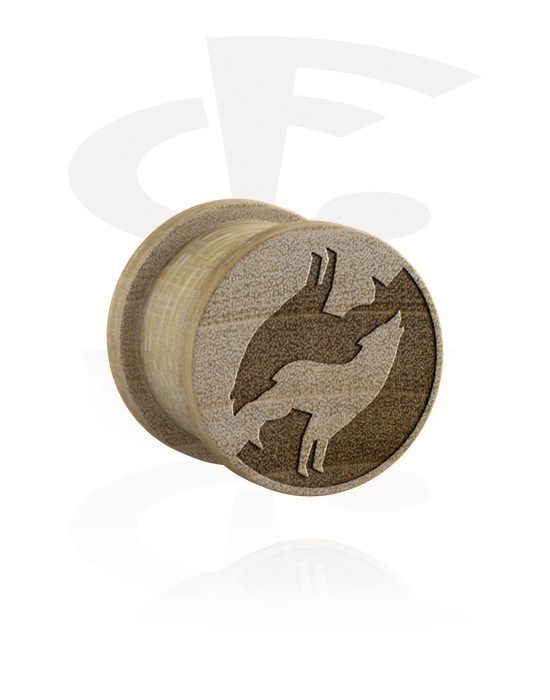 Tunnels & Plugs, Ribbed plug (wood) with laser engraving "wolf", Wood