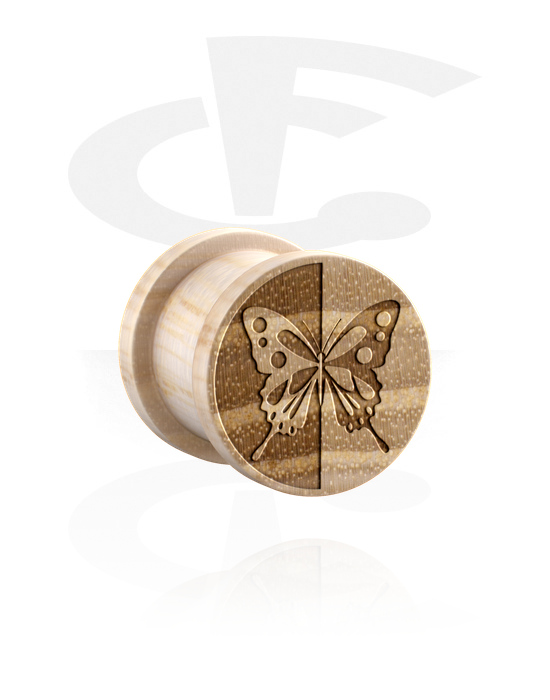 Tunnels & Plugs, Ribbed plug (wood) with laser engraving "butterfly", Wood