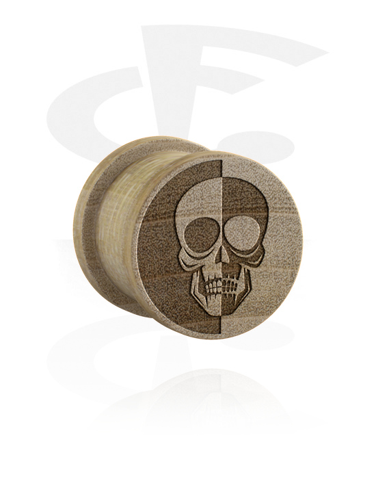 Tunele & plugi, Żebrowany plug (drewno) z grawerem laserowym „czaszka”, Drewno