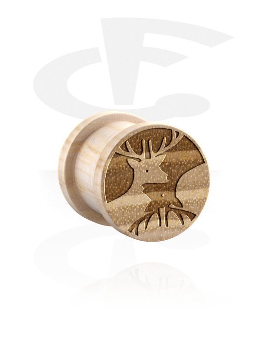 Tunely & plugy, Rebrovaný plug (drevo) s laserovým gravírovaním „jeleň“, Drevo