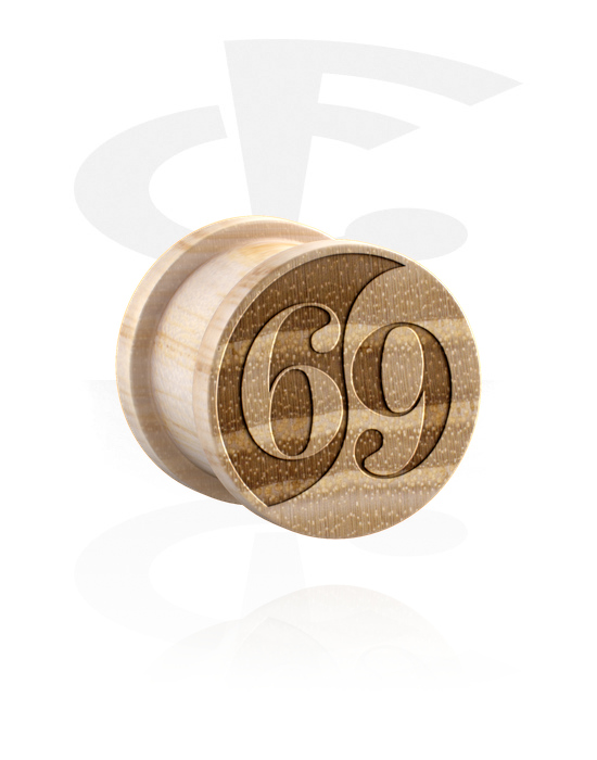 Tunely & plugy, Rebrovaný plug (drevo) s laserovým gravírovaním „69“, Drevo