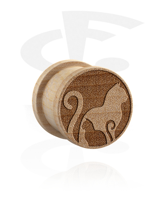 Tunnels & Plugs, Ribbed plug (wood) with laser engraving "cats", Wood