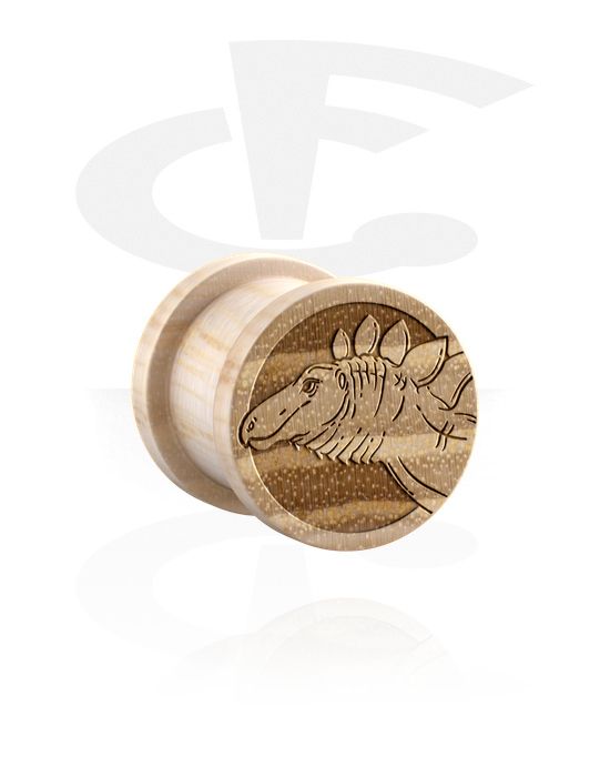 Tunnel & Plugs, Ribbed Plug (Holz) mit Laserdesign "Dinosaurier", Holz