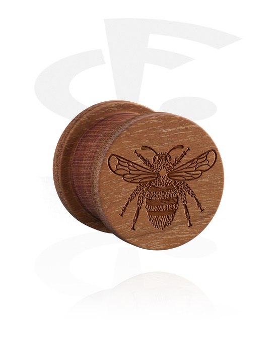 Tunnels & Plugs, Ribbed plug (wood) with laser engraving "bee", Wood