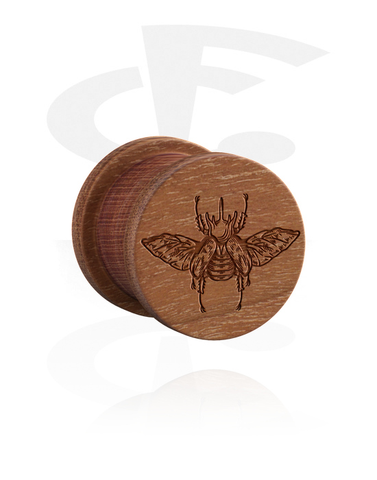Alagutak és dugók, Ribbed plug (wood) val vel laser engraving "flying rhinoceros beetle", Fa