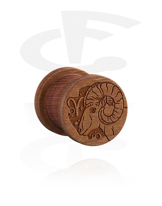 Tunnels & Plugs, Ribbed Plug with laser engraving "zodiac", Wood