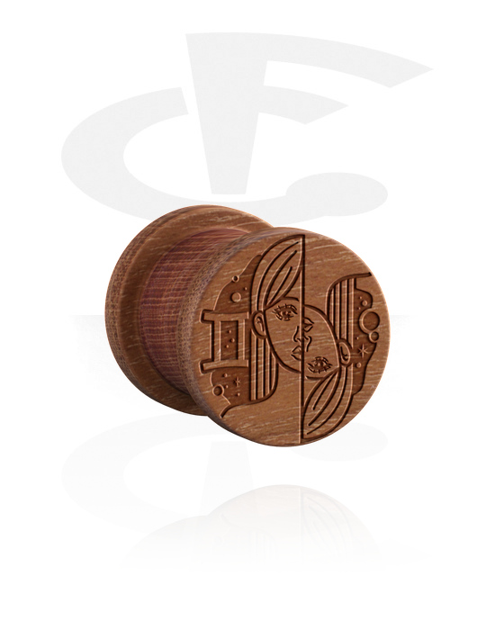 Tunnels & Plugs, Ribbed Plug with laser engraving "zodiac", Wood