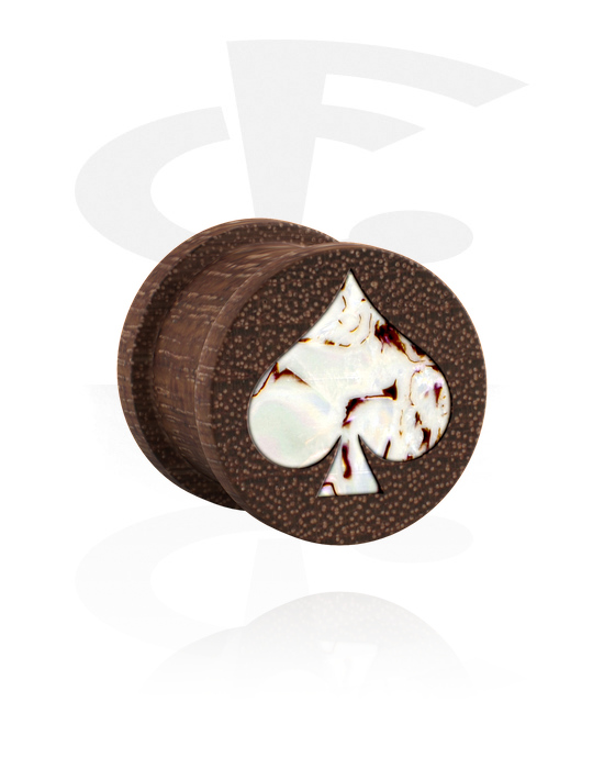 Tunnels & Plugs, Ribbed plug (wood) with spade design and imitation mother of pearl inlay in various patterns, Wood
