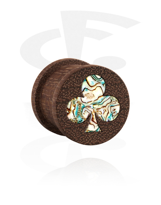 Tunnels & Plugs, Ribbed plug (wood) with spade design and imitation mother of pearl inlay in various patterns, Wood