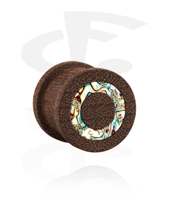 Tunnels & Plugs, Ribbed plug (wood) with circle motif and imitation mother of pearl design, Wood