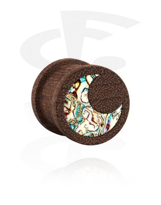 Tunnels & Plugs, Ribbed plug (wood) with imitation mother of pearl inlay and moon design, Wood