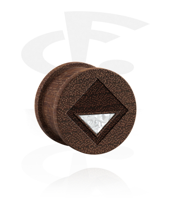 Tunnels & Plugs, Ribbed plug (wood) with square motif and imitation mother of pearl inlay in various patterns, Wood