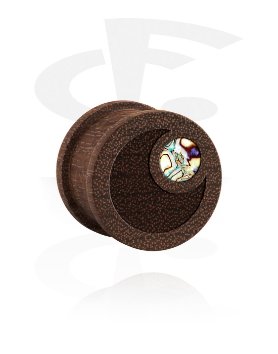 Tunnels & Plugs, Ribbed plug (wood) with laser engraving "half moon" and imitation mother of pearl inlay, Wood