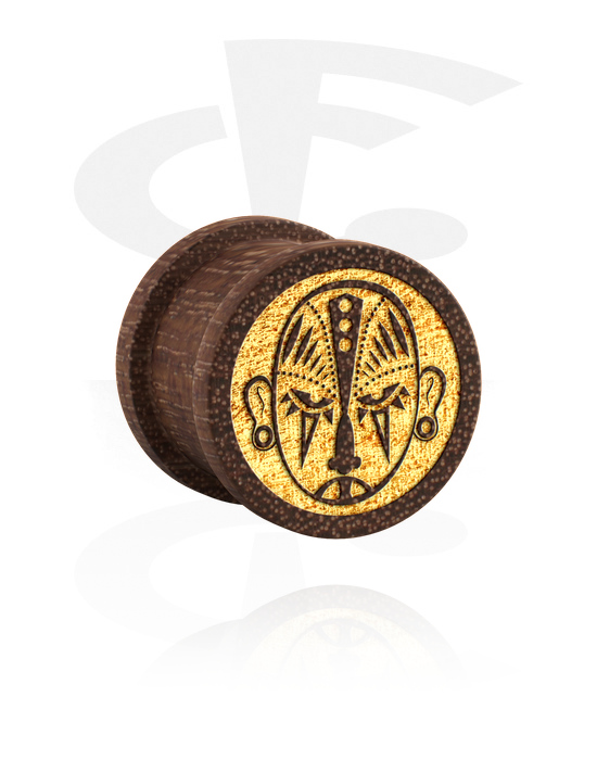 Tunely & plugy, Žebrovaný plug (dřevo) s laserovým gravírováním „zlatá maska“, Mahagonové dřevo
