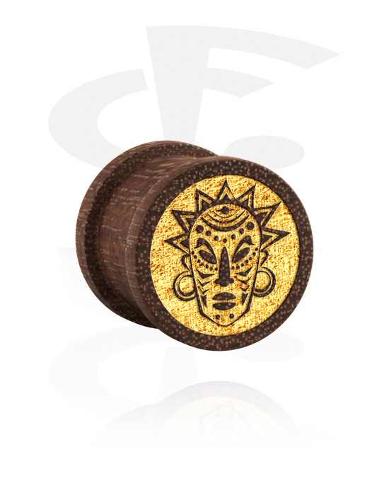 Tunnels & Plugs, Ribbed plug (wood) with laser engraving "golden mask", Mahogany Wood