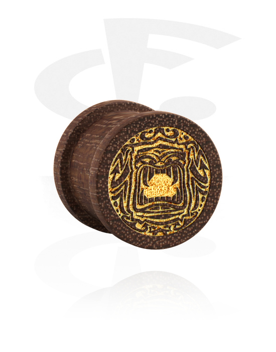 Tunely & plugy, Rebrovaný plug (drevo) s laserovým gravírovaním „zlatá maska“, Mahagónové drevo