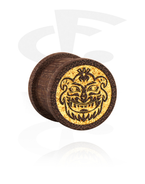 Tunnels & Plugs, Ribbed plug (wood) with laser engraving "golden mask", Mahogany Wood
