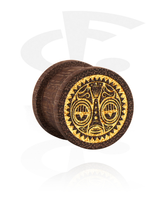 Tunely & plugy, Žebrovaný plug (dřevo) s laserovým gravírováním „zlatá maska“, Mahagonové dřevo