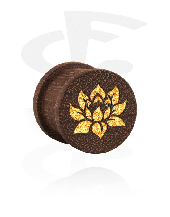 Tunely & plugy, Rebrovaný plug (drevo) s laserovým gravírovaním „zlatý lotosový kvet“, Mahagónové drevo