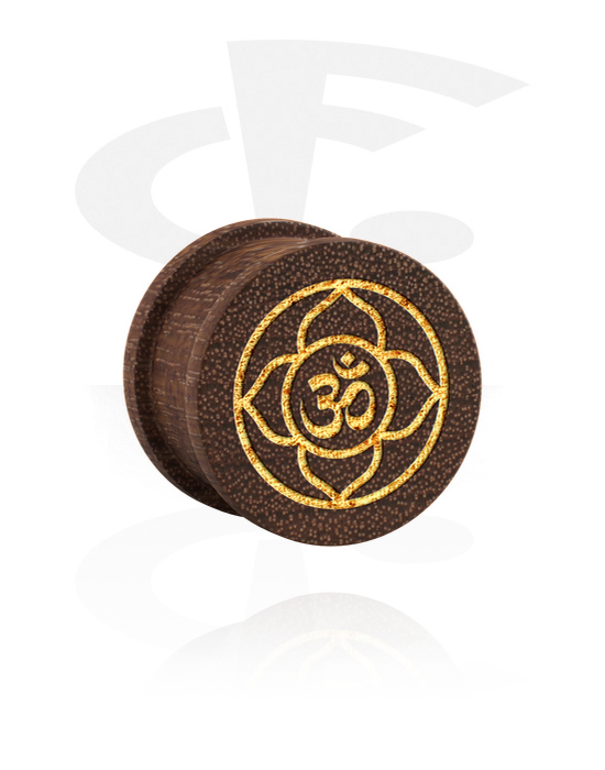 Tunnels & Plugs, Ribbed plug (wood) with laser engraving "Om" sign, Mahogany Wood