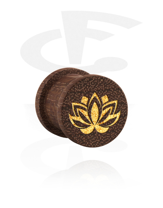Tunely & plugy, Žebrovaný plug (dřevo) s laserovým gravírováním „zlatý lotosový květ“, Mahagonové dřevo