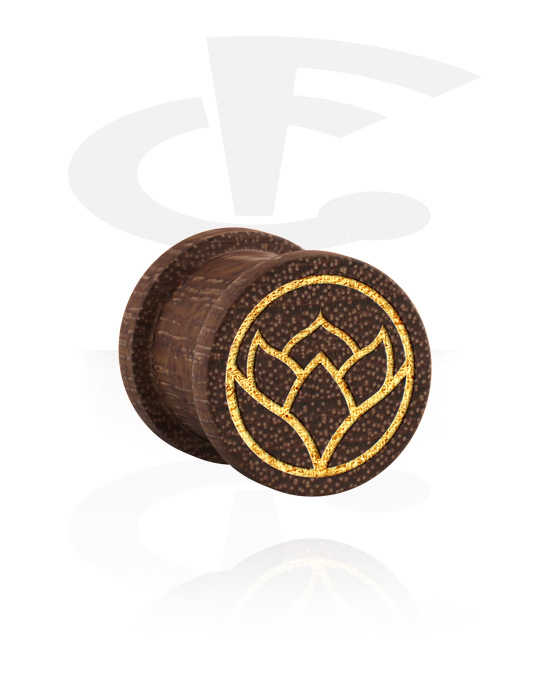 Tunely & plugy, Rebrovaný plug (drevo) s laserovým gravírovaním „zlatý kvet“, Mahagónové drevo