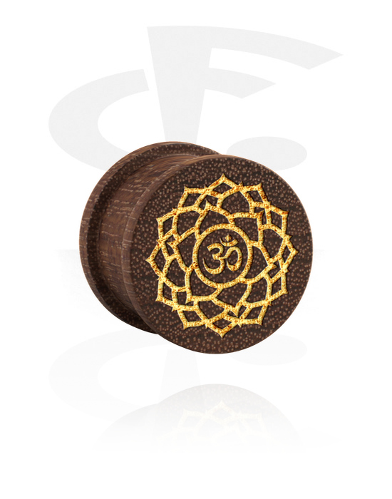 Tunnels & Plugs, Ribbed plug (wood) with laser engraving "golden Om sign", Mahogany Wood