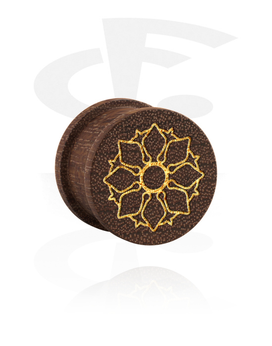 Tunely & plugy, Žebrovaný plug (dřevo) s laserovým gravírováním „zlatá květina“, Mahagonové dřevo