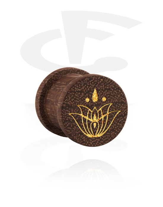 Tunnels & Plugs, Ribbed plug (wood) with laser engraving "golden lotus flower", Mahogany Wood