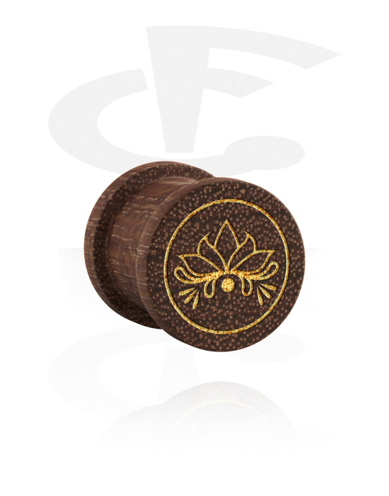 Tunely & plugy, Rebrovaný plug (drevo) s laserovým gravírovaním „zlatý kvet“, Mahagónové drevo