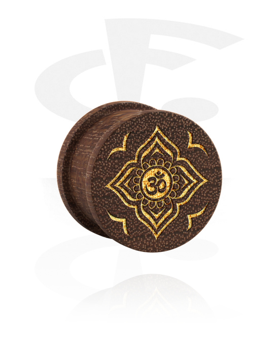 Tunnels & Plugs, Ribbed plug (wood) with laser engraving "golden Om sign", Mahogany Wood