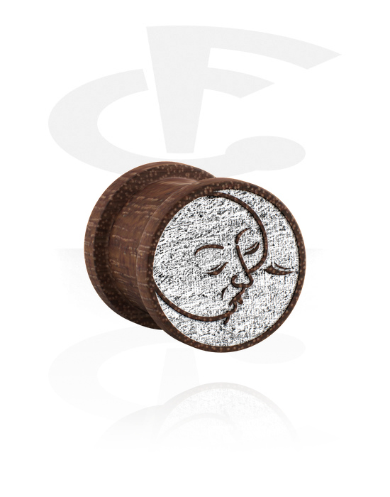 Tunely & plugy, Rebrovaný plug (drevo) s laserovým gravírovaním „strieborné slnko a mesiac“, Mahagónové drevo