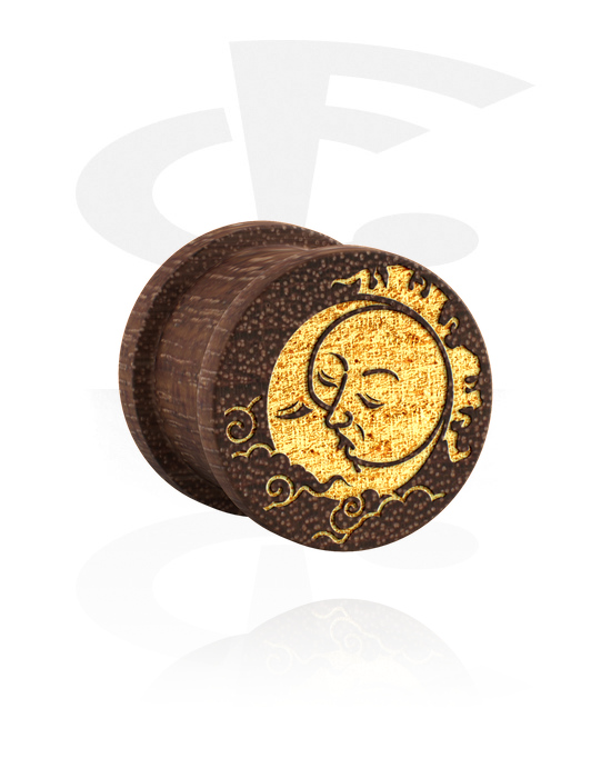 Tunnels & Plugs, Ribbed plug (wood) with laser engraving "silver sun and moon", Mahogany Wood