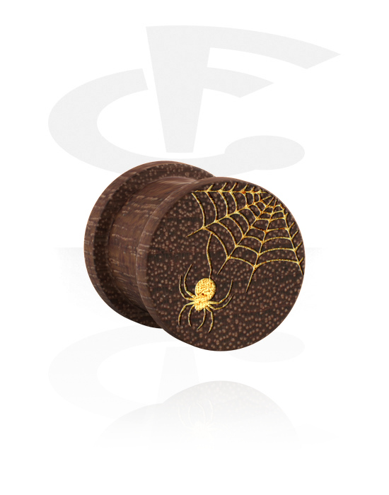 Tunnels & Plugs, Ribbed plug (wood) with laser engraving "golden spiderweb", Mahogany Wood